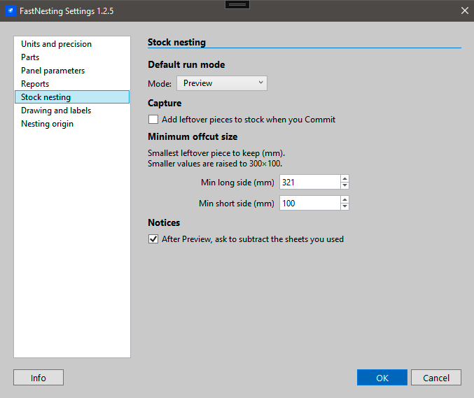 FastNesting Settings Stock nesting section