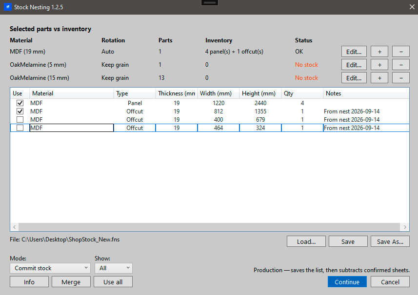 FastNesting Nest from inventory (status No stock)