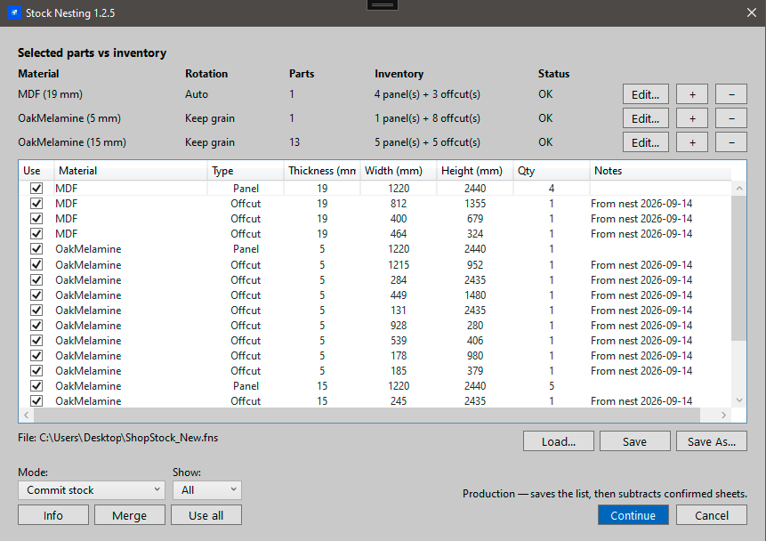FastNesting Nest from inventory (matched stock)