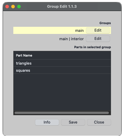 FastNesting Group Edit dialog for Rhino group and subgroup names