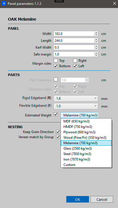 FastNesting panel per material settings for material-specific sheet dimensions