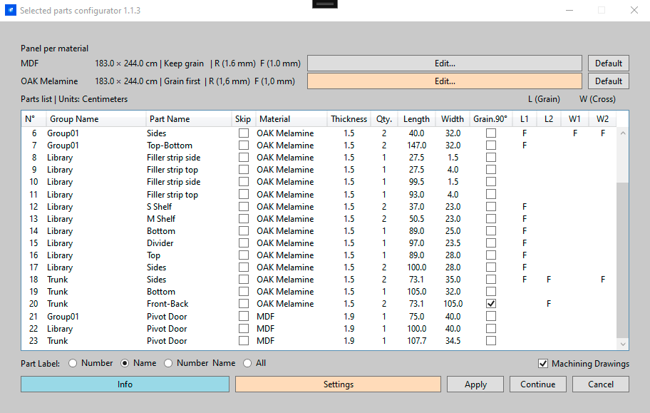 Parts Configurator Dialog