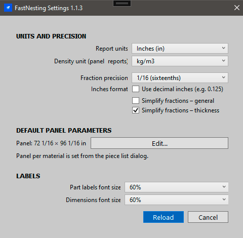FastNesting settings with inch decimal and fractional options
