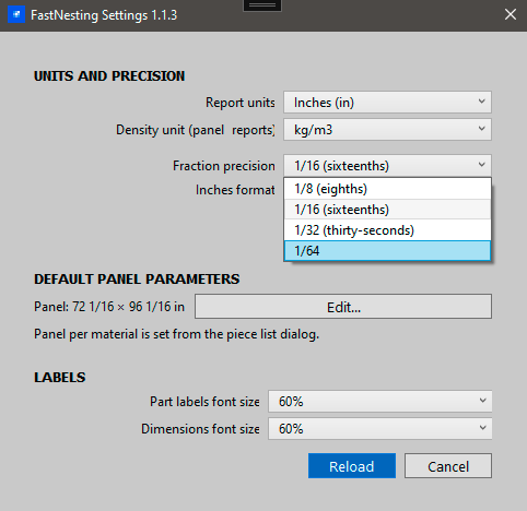 FastNesting settings fraction precision dropdown for inches