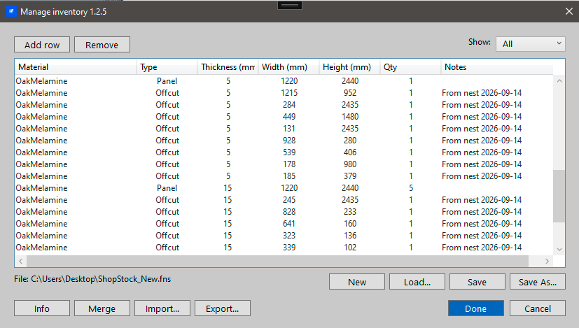 FastNesting Manage inventory