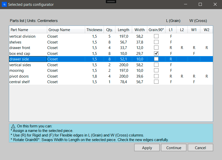 Parts Configurator Dialog